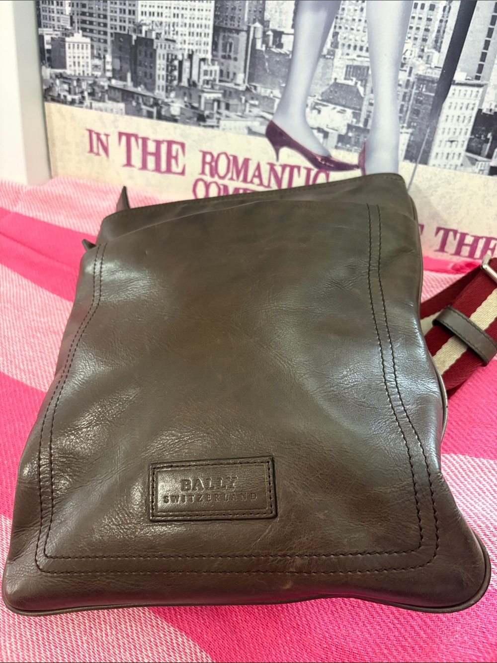 Bally Brown Leather Crossbody with Red and Cream Striped Strap - Picture 7 of 10